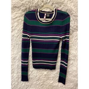 Love by Design, Juniors Navy/Green/Purple striped L/S Sweater, Size M